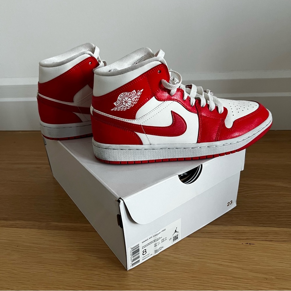 Worn once, Nike Air Jordan 1 Mid, White/Habanero Red, Size 8